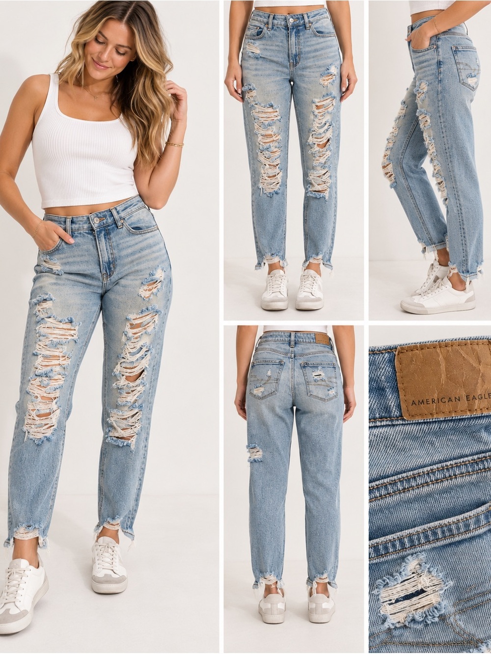 American Eagle Mom Jeans Women’s 4 Short Light Wash Distressed Ripped Stretch